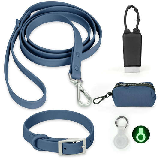 Waterproof Dog Collar and Leash Set Adjustable Odor Proof pet Leashes collars 6FT Dog Leash for Small Medium Large Dogs with Glow in The Dark Dog Air Tag Holder and Dog Poop Bag Holder (M Navy)